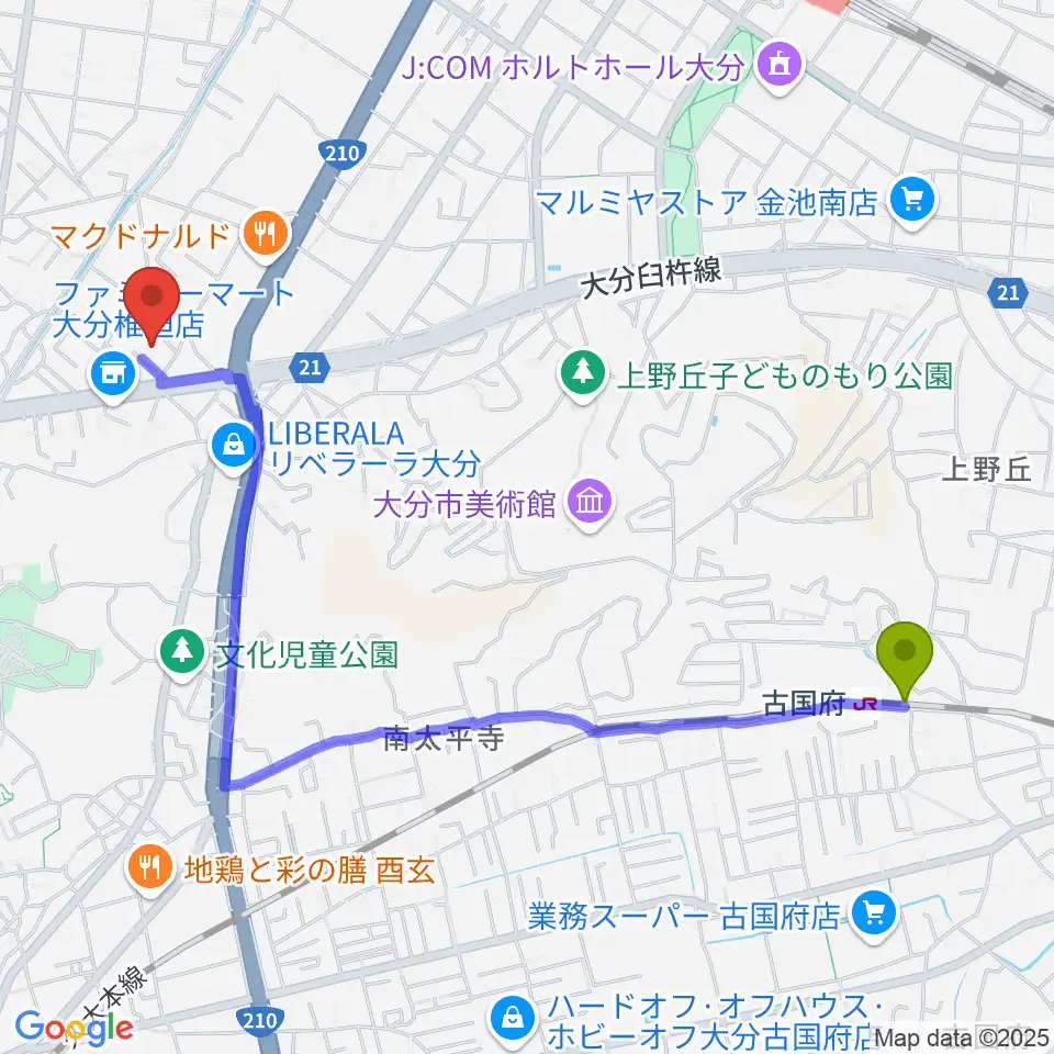 古国府駅から音楽教室Cafe 三月の水へのルートマップ地図