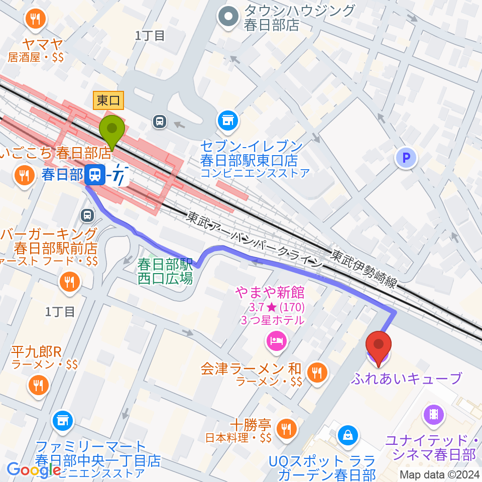 春日部ふれあいキューブの最寄駅春日部駅からの徒歩ルート（約6分）地図