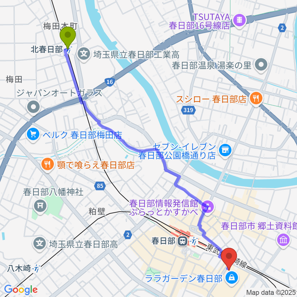 北春日部駅から春日部ふれあいキューブへのルートマップ地図