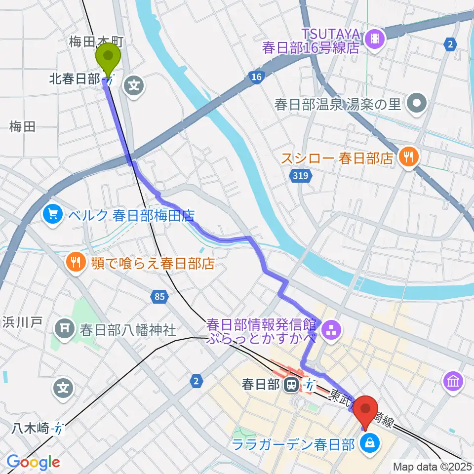 北春日部駅から春日部ふれあいキューブへのルートマップ地図