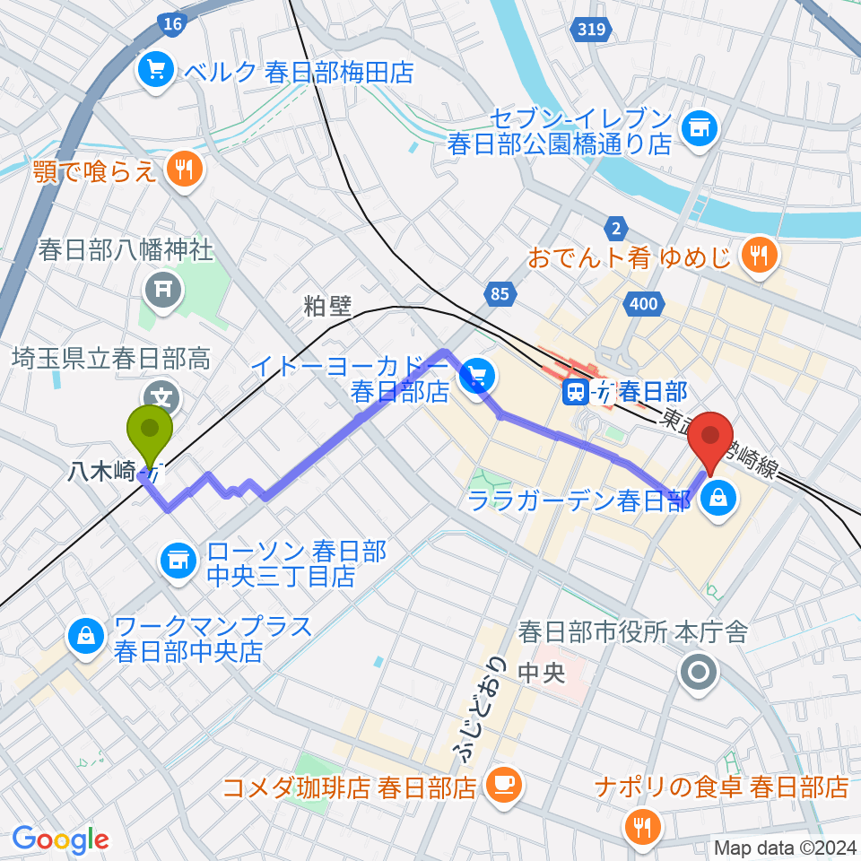 八木崎駅から春日部ふれあいキューブへのルートマップ地図