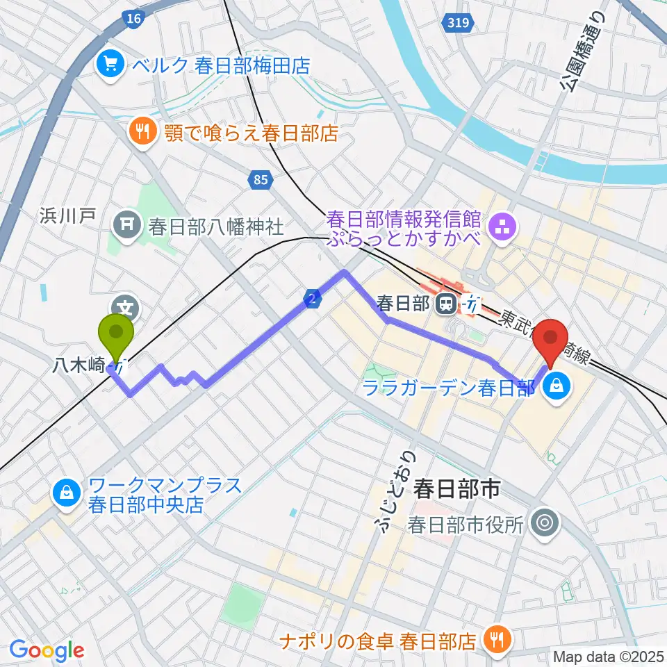 八木崎駅から春日部ふれあいキューブへのルートマップ地図