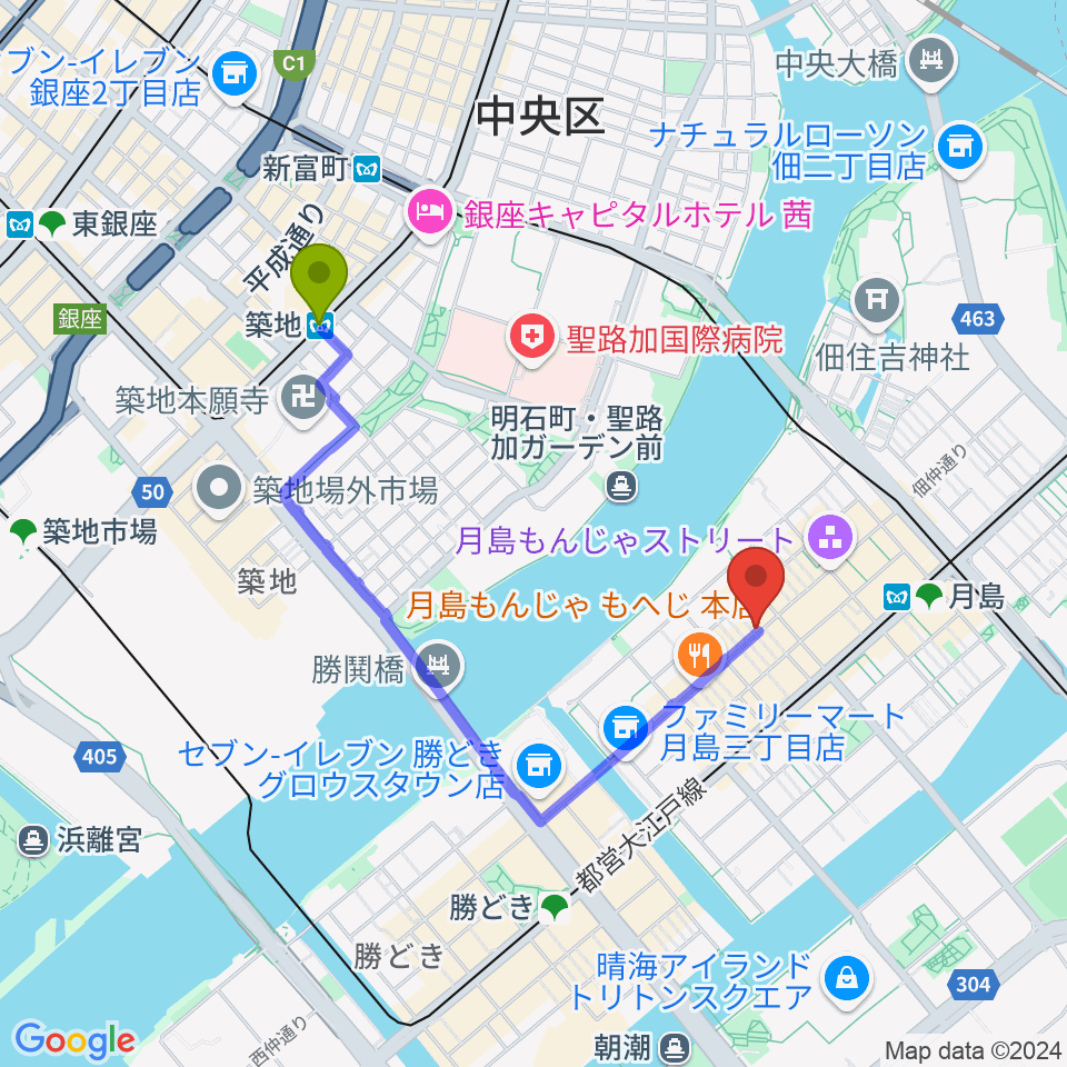 築地駅からスタジオワンダーウォールへのルートマップ地図