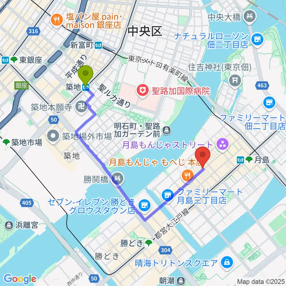 築地駅からスタジオワンダーウォールへのルートマップ地図