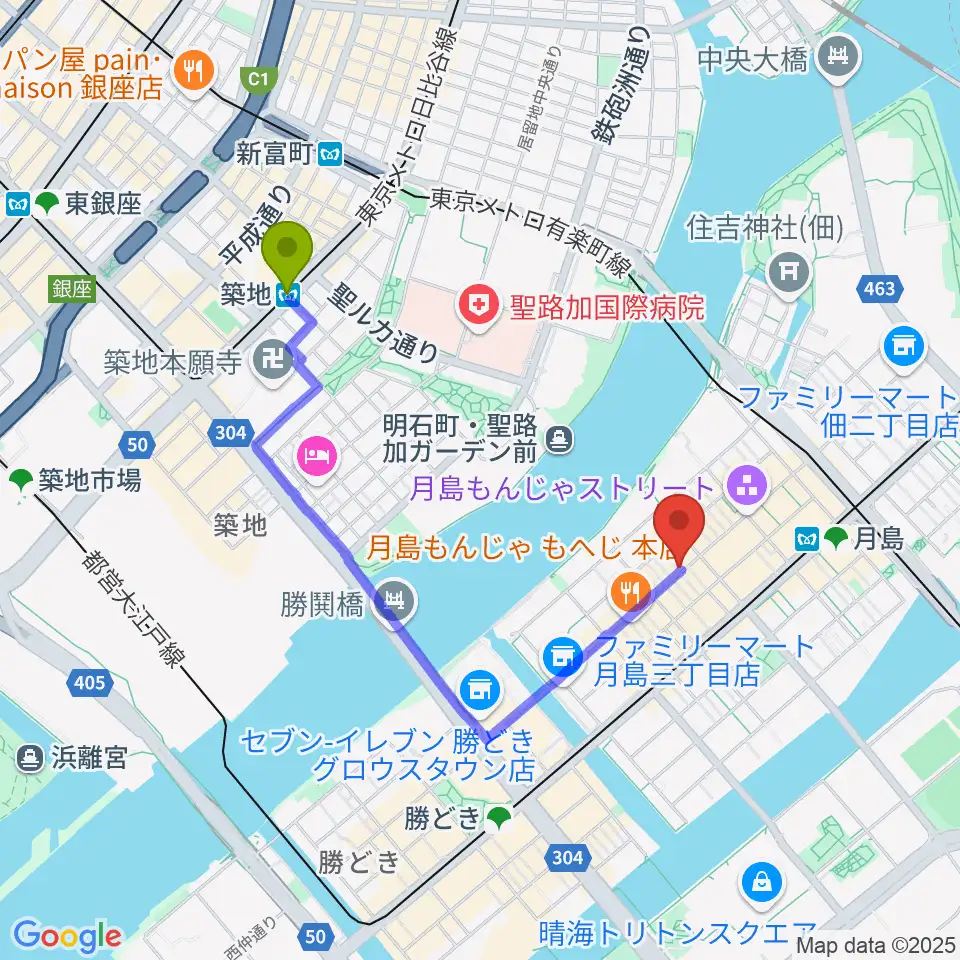 築地駅からスタジオワンダーウォールへのルートマップ地図