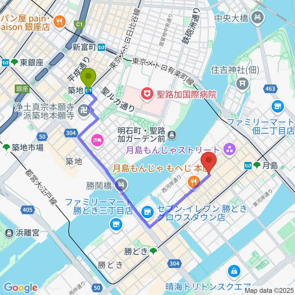 築地駅からスタジオワンダーウォールへのルートマップ地図