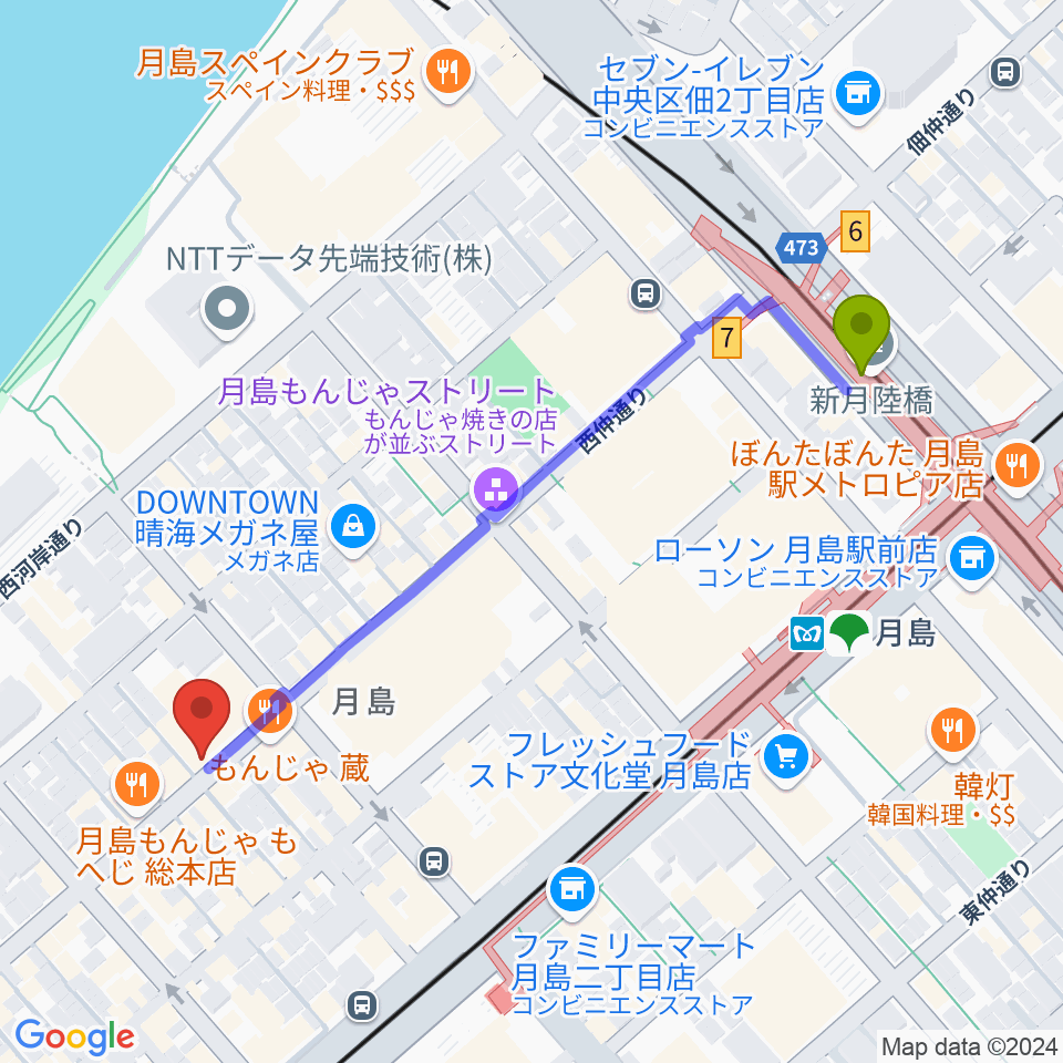 スタジオワンダーウォールの最寄駅月島駅からの徒歩ルート（約6分）地図