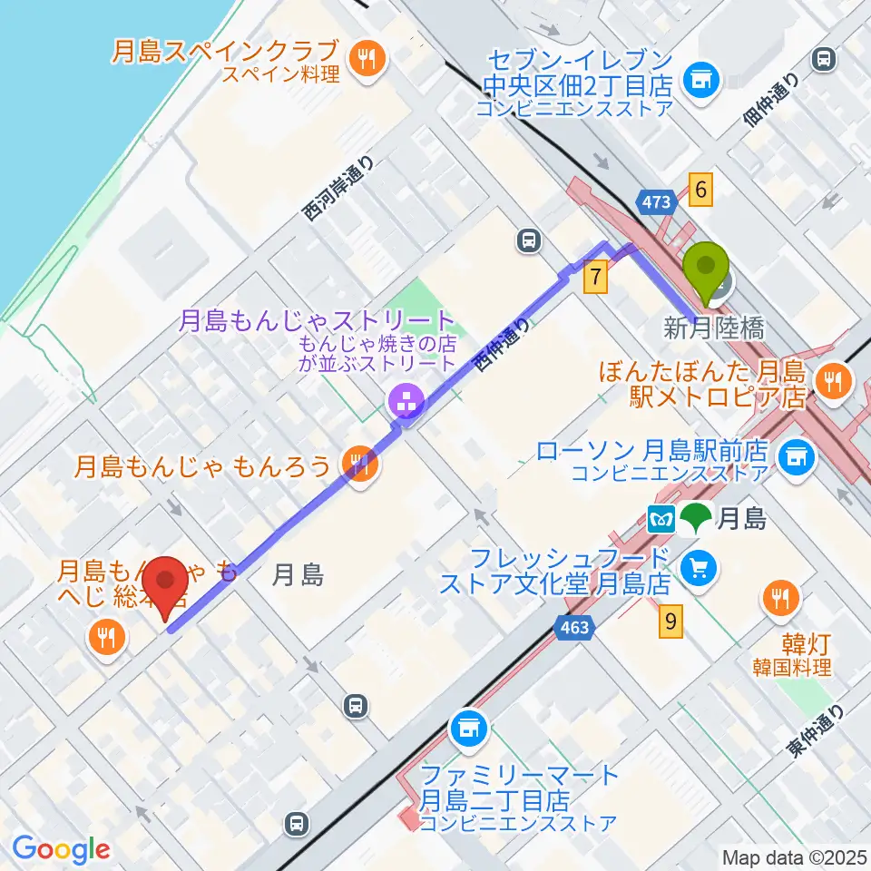 スタジオワンダーウォールの最寄駅月島駅からの徒歩ルート（約6分）地図