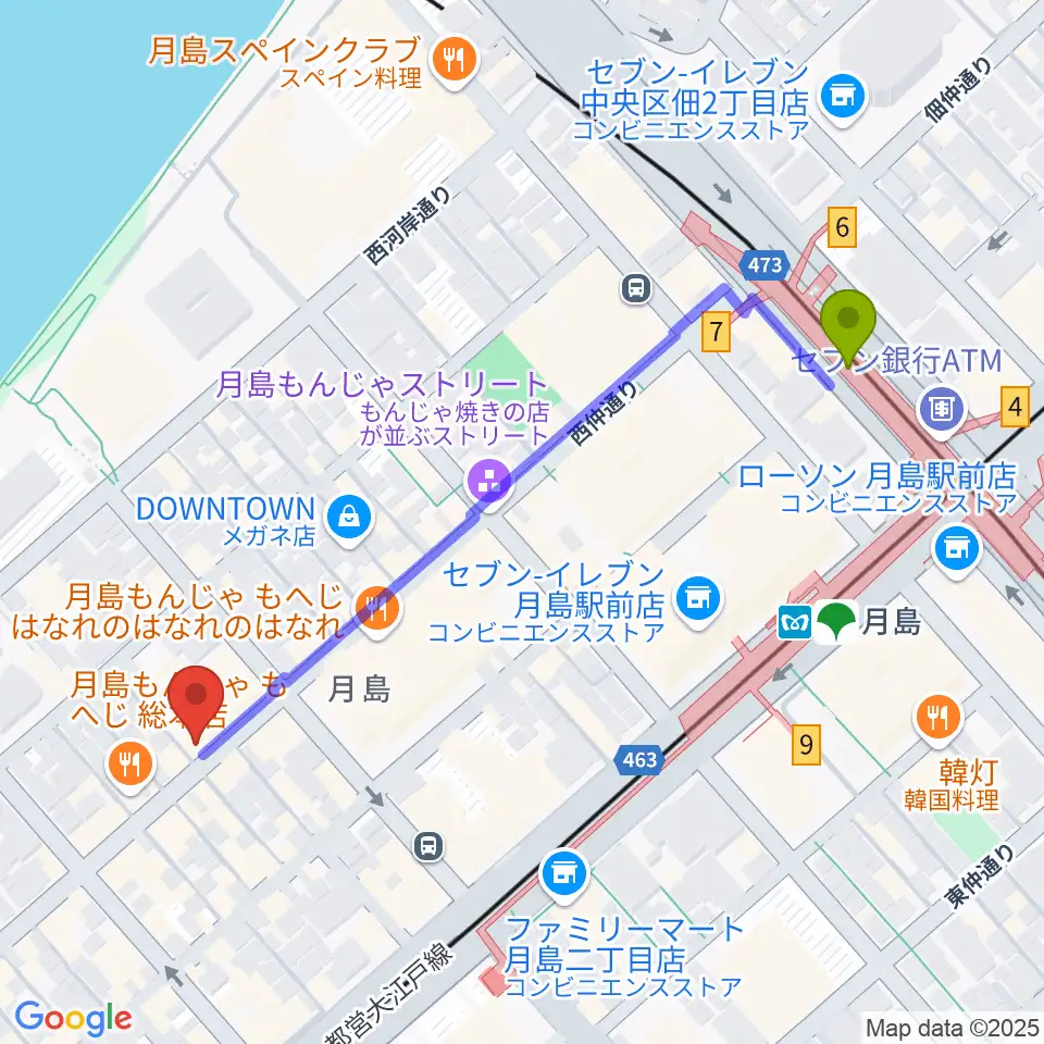 スタジオワンダーウォールの最寄駅月島駅からの徒歩ルート（約6分）地図