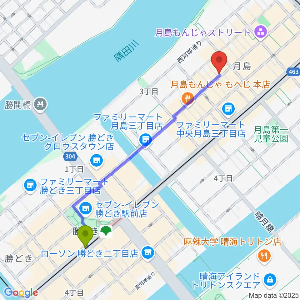 勝どき駅からスタジオワンダーウォールへのルートマップ地図