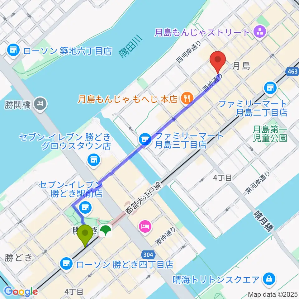 勝どき駅からスタジオワンダーウォールへのルートマップ地図