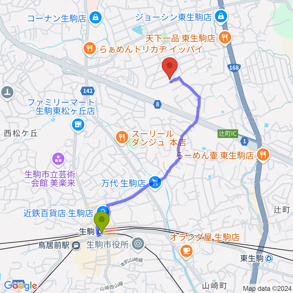 Atelier Artika（アトリエアルティカ）の最寄駅生駒駅からの徒歩ルート（約18分）地図