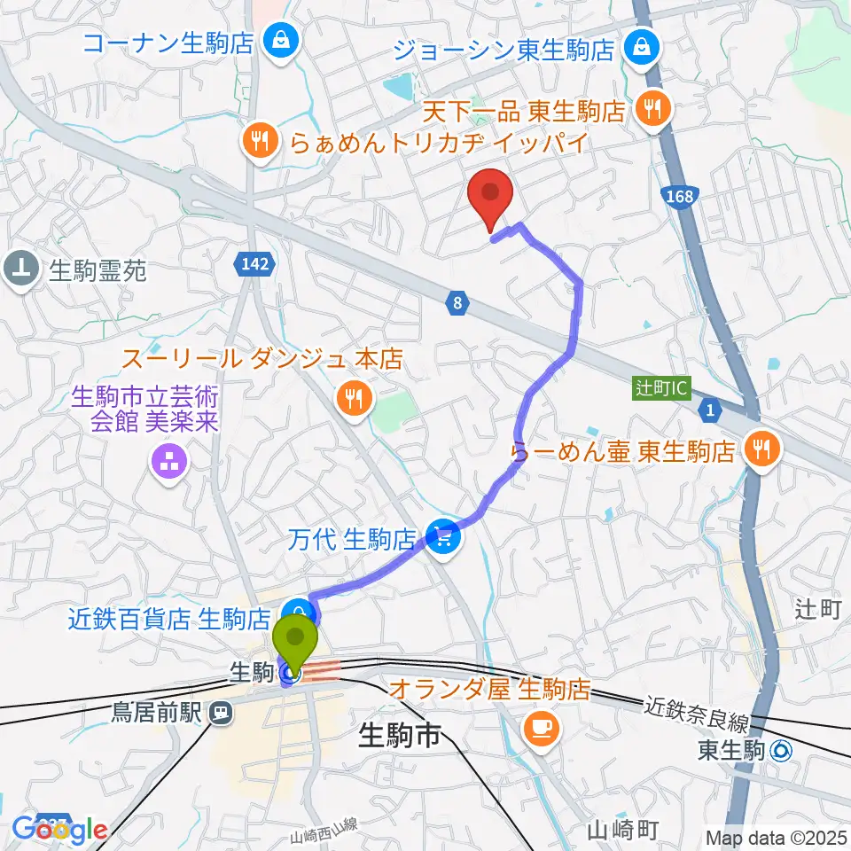 Atelier Artikaの最寄駅生駒駅からの徒歩ルート（約18分）地図