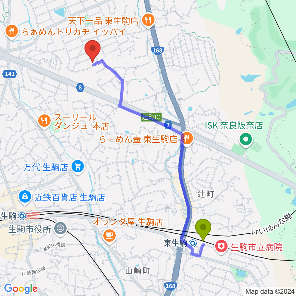 東生駒駅からAtelier Artika（アトリエアルティカ）へのルートマップ地図