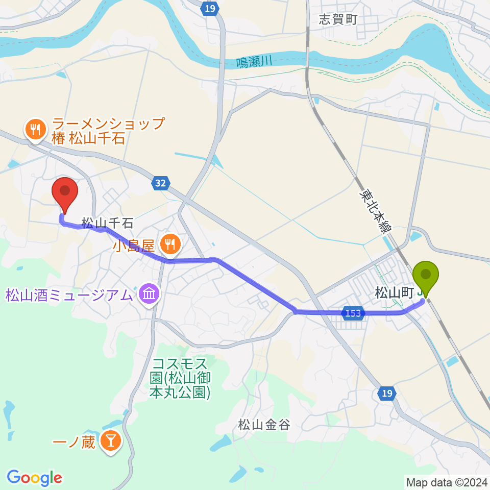 大崎市松山B&G海洋センターの最寄駅松山町駅からの徒歩ルート（約45分）地図