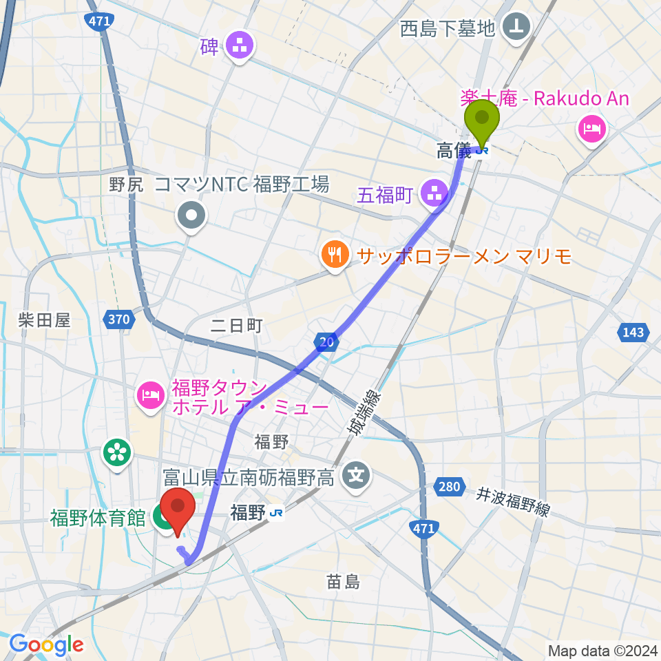 高儀駅から南砺市福野B&G海洋センターへのルートマップ地図