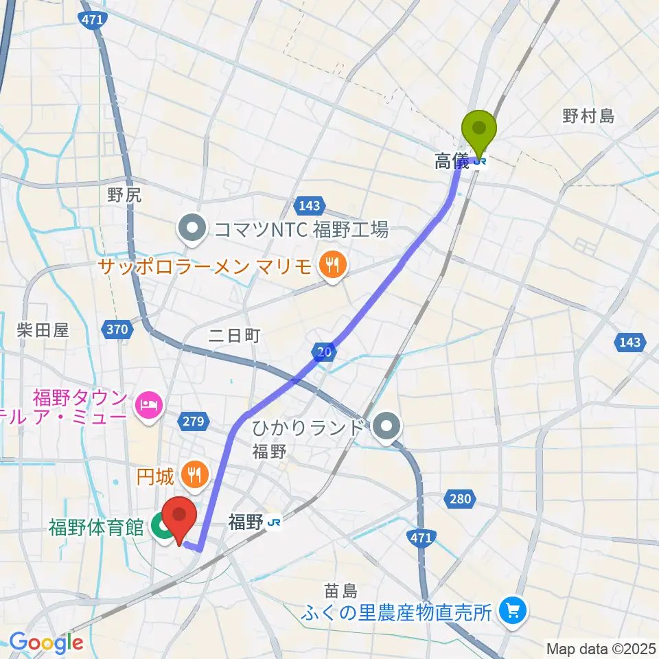 高儀駅から南砺市福野B&G海洋センターへのルートマップ地図