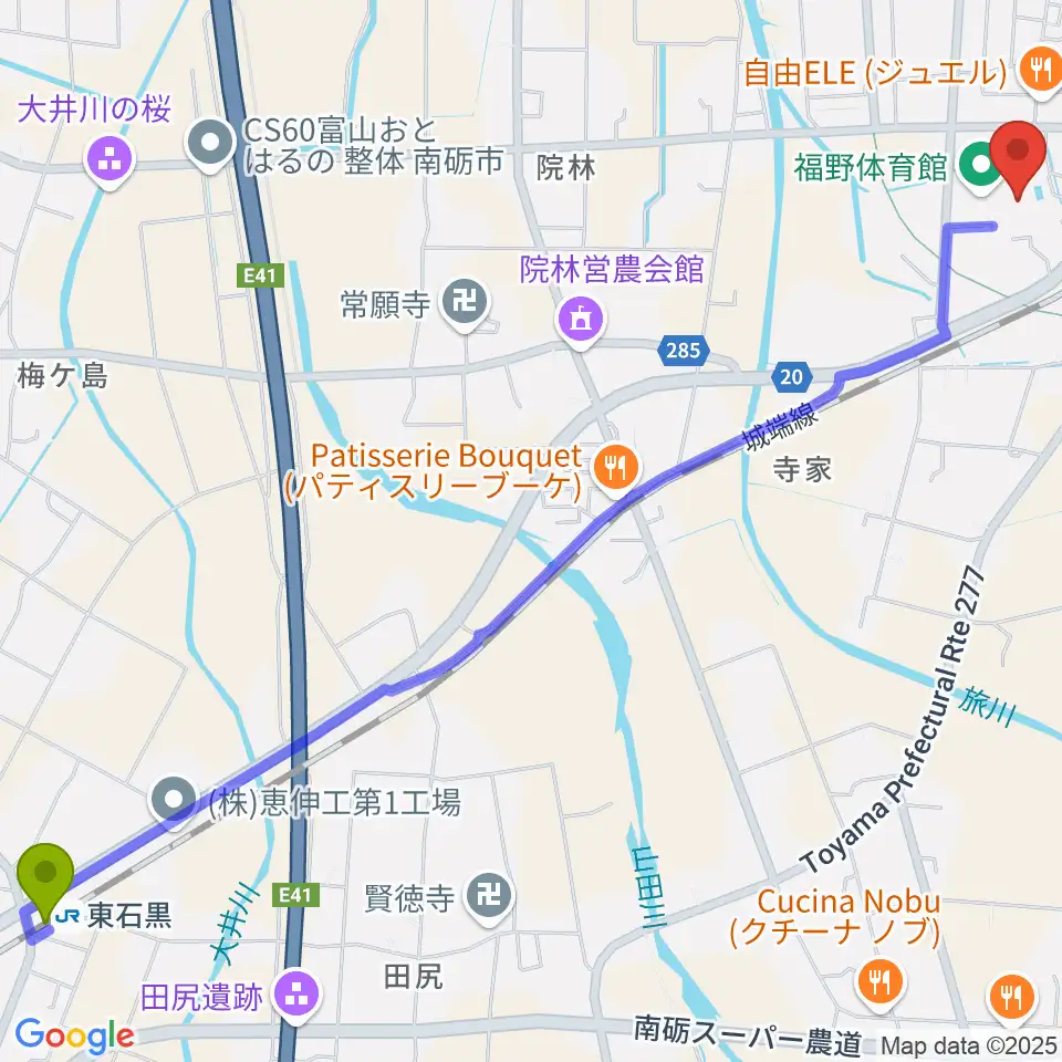 東石黒駅から南砺市福野B&G海洋センターへのルートマップ地図