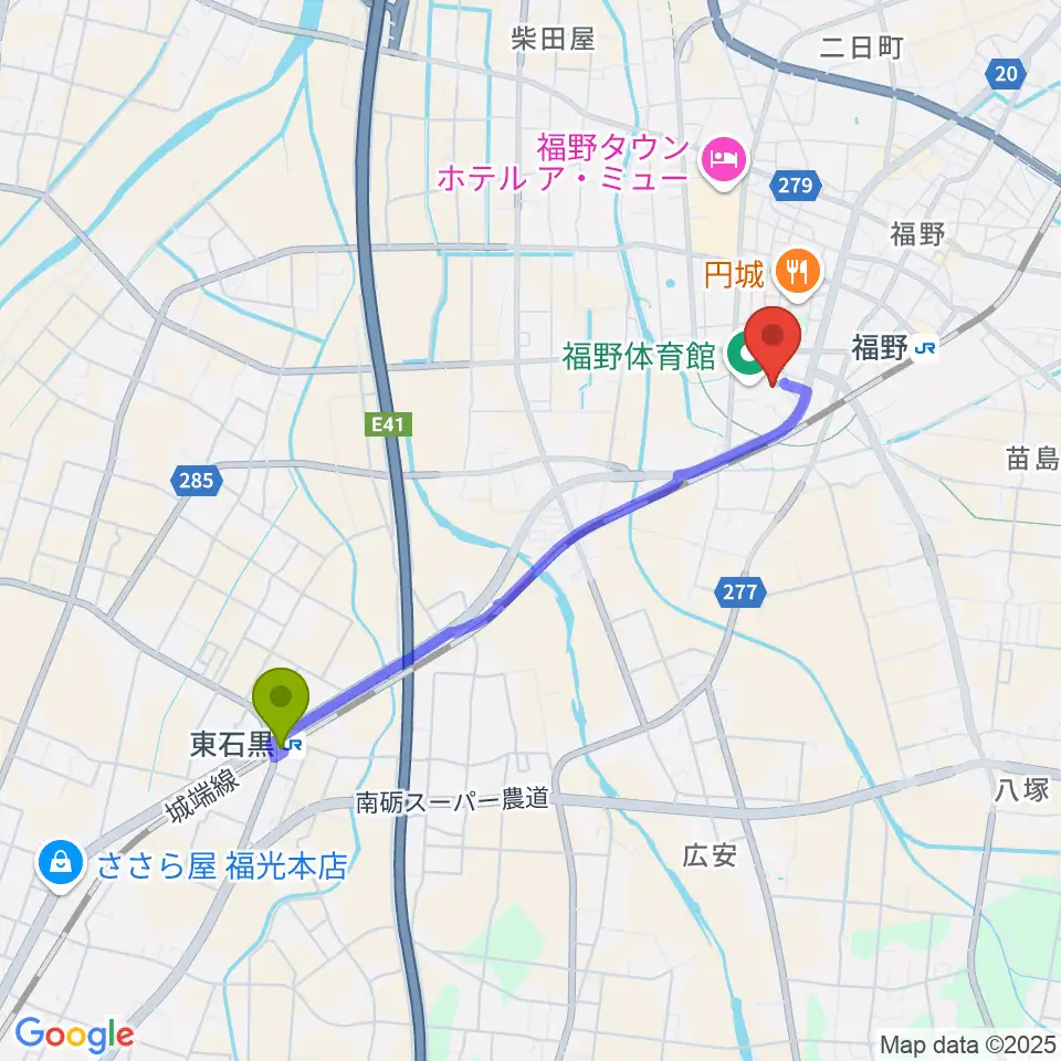 東石黒駅から南砺市福野B&G海洋センターへのルートマップ地図