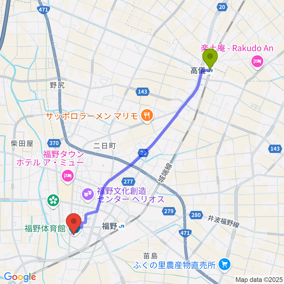 高儀駅から南砺市福野体育館へのルートマップ地図