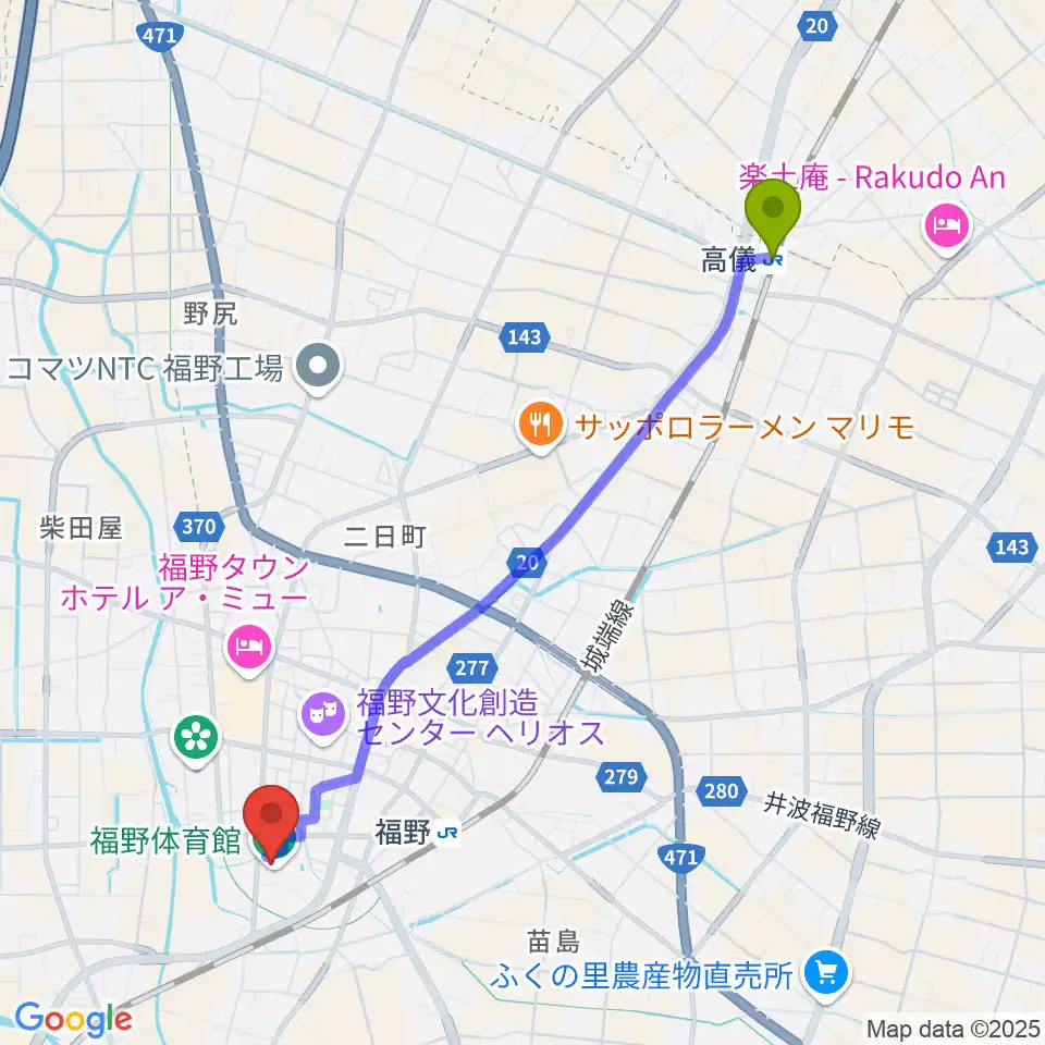 高儀駅から南砺市福野体育館へのルートマップ地図