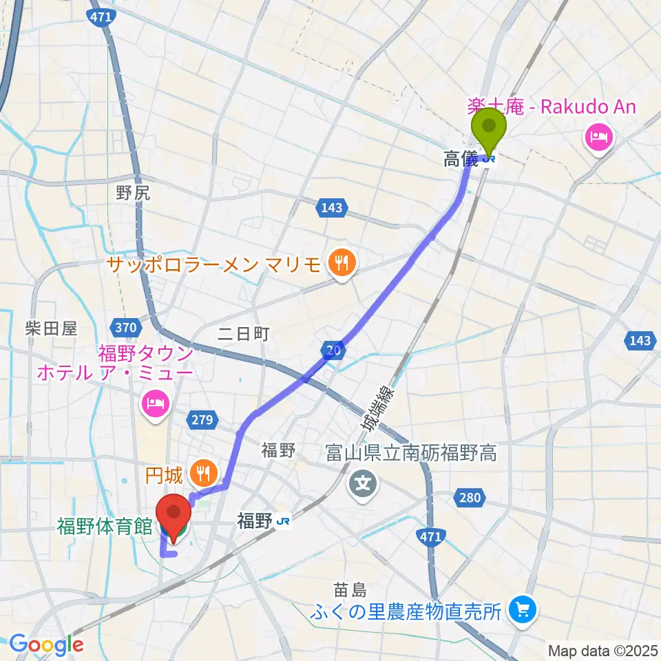 高儀駅から南砺市福野体育館へのルートマップ地図