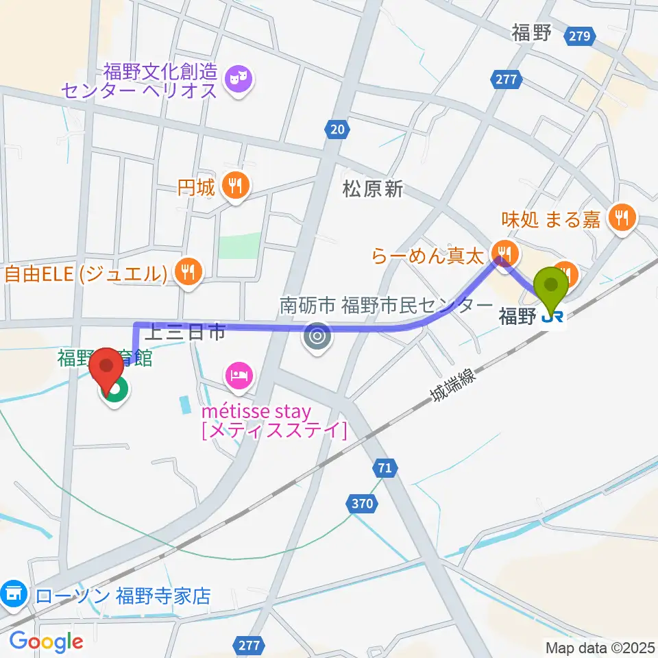 南砺市福野体育館の最寄駅福野駅からの徒歩ルート（約11分）地図