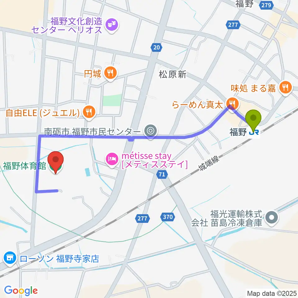 南砺市福野体育館の最寄駅福野駅からの徒歩ルート（約10分）地図