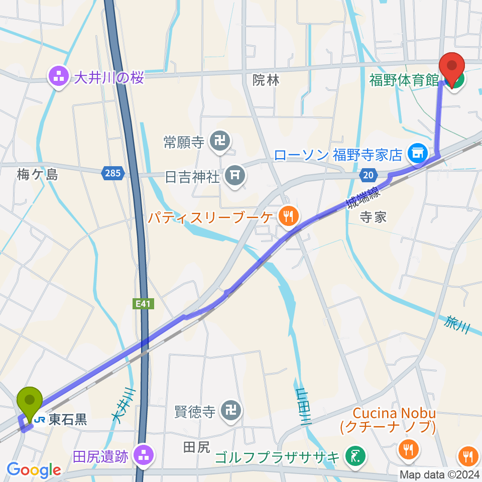 東石黒駅から南砺市福野体育館へのルートマップ地図