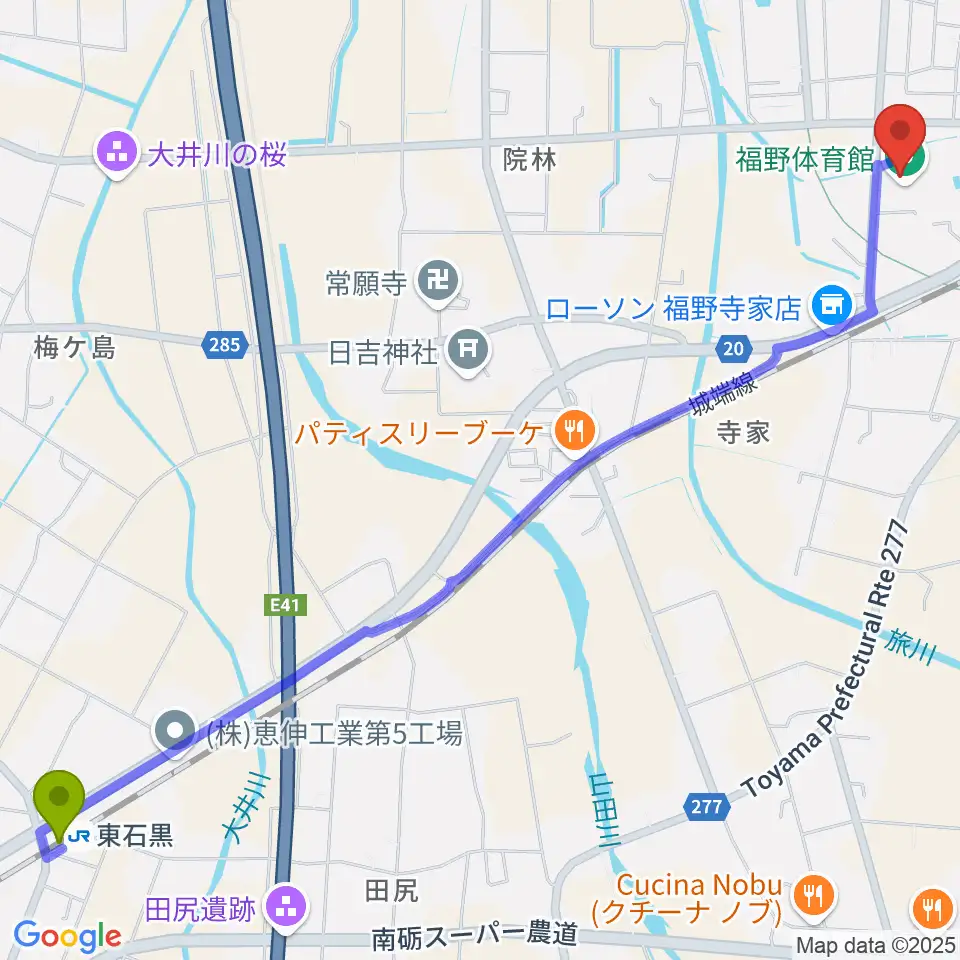 東石黒駅から南砺市福野体育館へのルートマップ地図