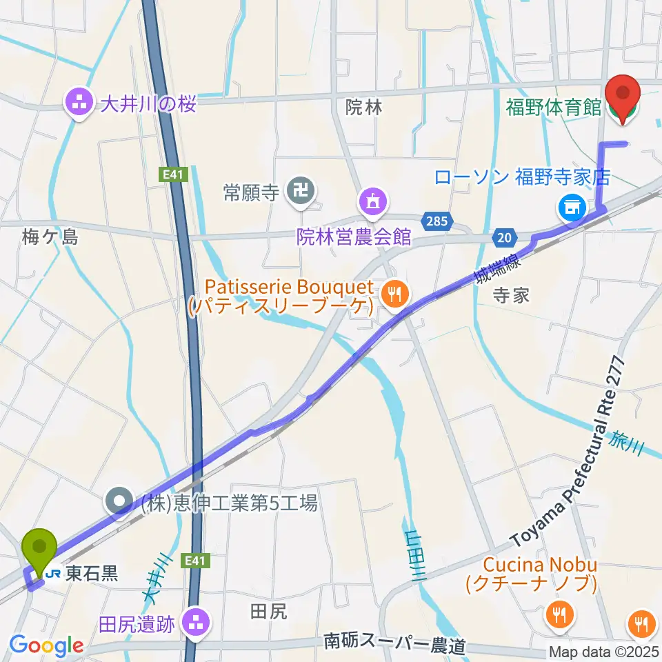 東石黒駅から南砺市福野体育館へのルートマップ地図