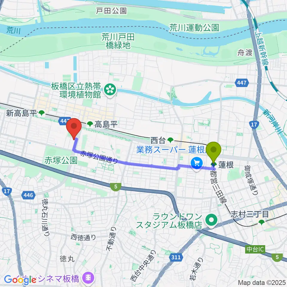 蓮根駅から高島平区民館ホールへのルートマップ地図