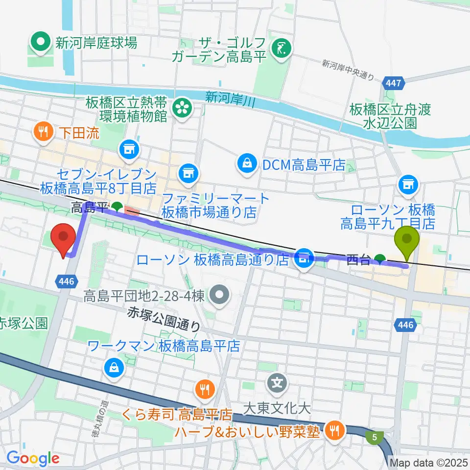 西台駅から高島平区民館ホールへのルートマップ地図