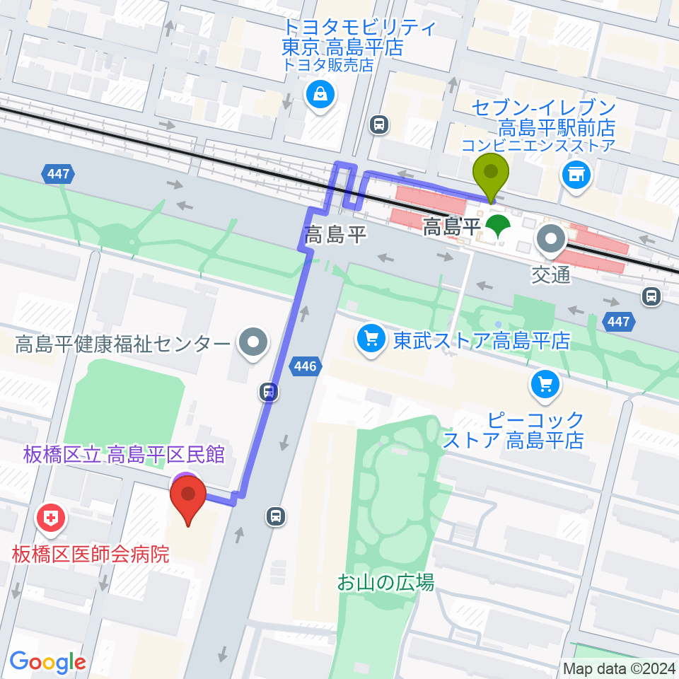 高島平区民館ホールの最寄駅高島平駅からの徒歩ルート（約5分）地図