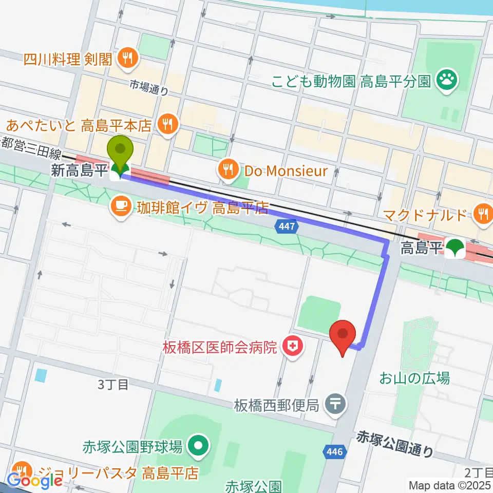 新高島平駅から高島平区民館へのルートマップ地図
