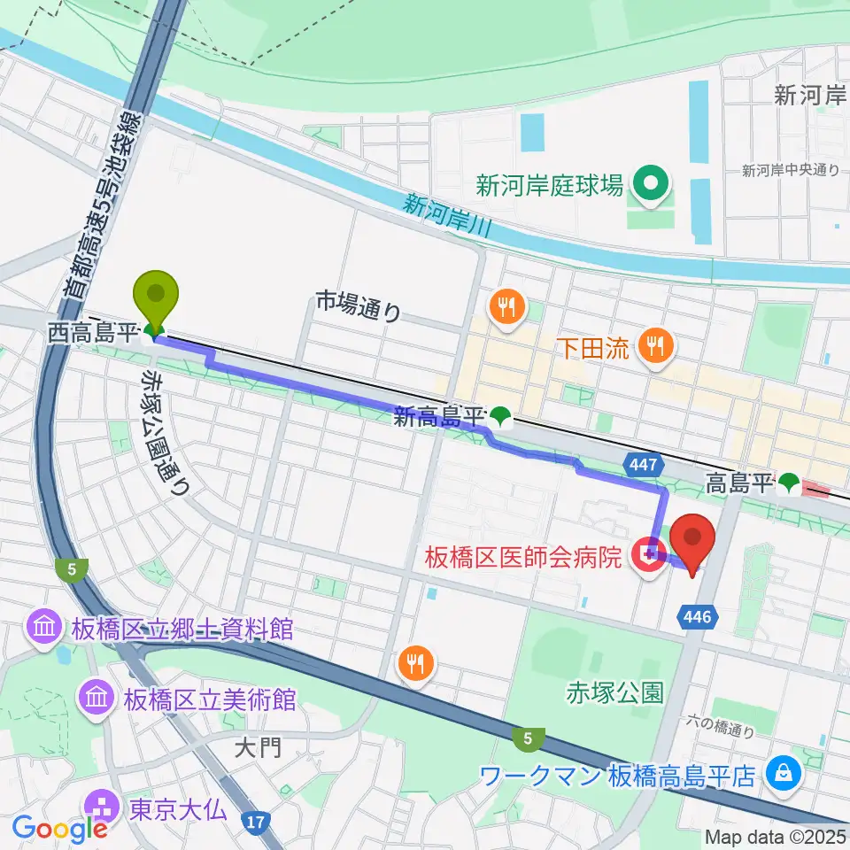 西高島平駅から高島平区民館へのルートマップ地図