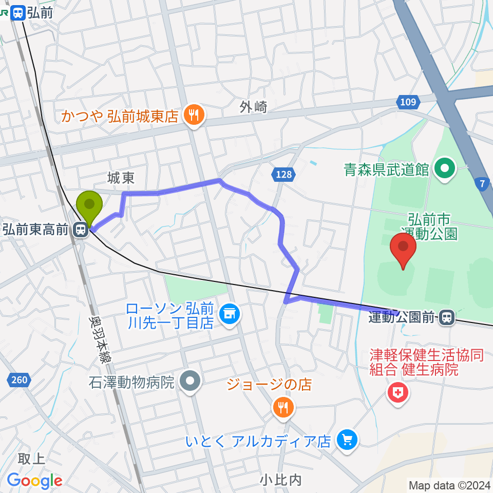 弘前東高前駅から弘前市運動公園野球場 はるか夢球場へのルートマップ地図