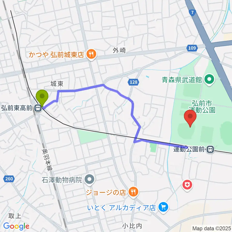 弘前東高前駅から弘前市運動公園野球場へのルートマップ地図