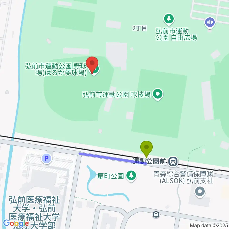 弘前市運動公園野球場 はるか夢球場の最寄駅運動公園前駅からの徒歩ルート（約3分） Mdata