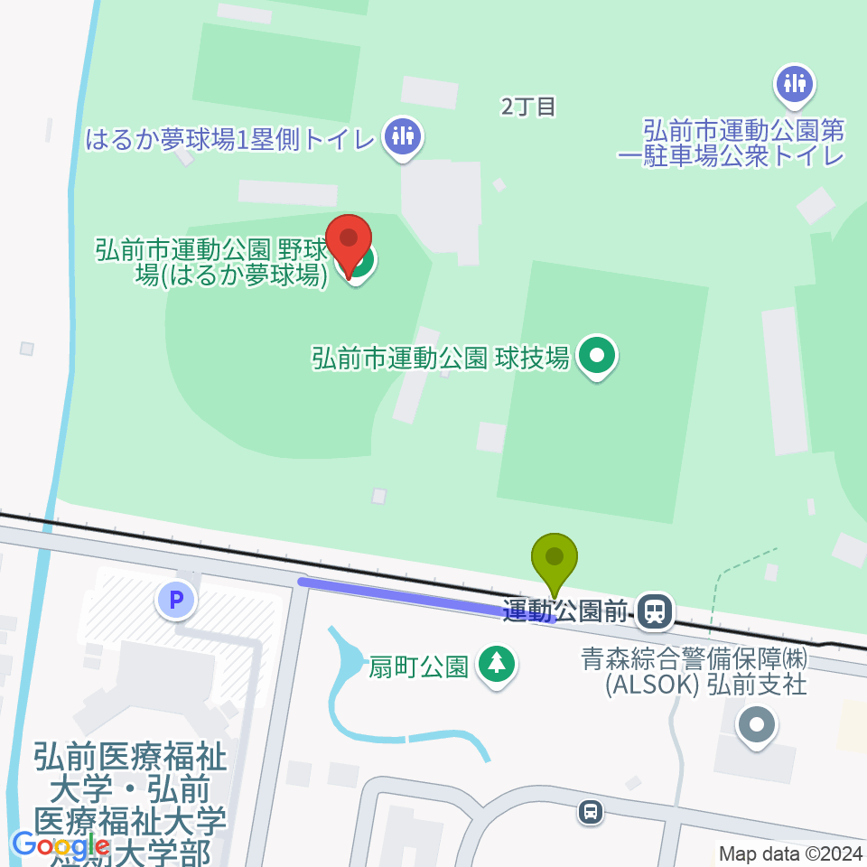 弘前市運動公園野球場 はるか夢球場の最寄駅運動公園前駅からの徒歩ルート（約3分）地図