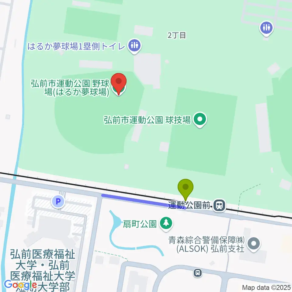 弘前市運動公園野球場の最寄駅運動公園前駅からの徒歩ルート（約3分）地図