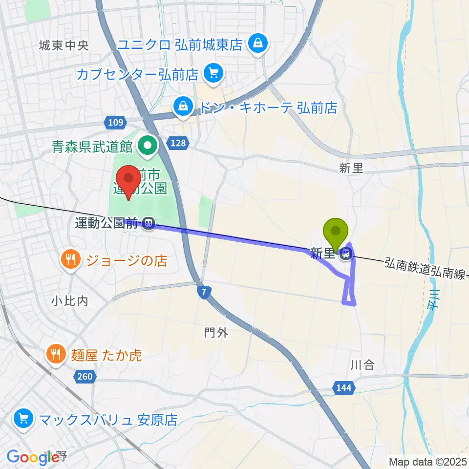 新里駅から弘前市運動公園野球場へのルートマップ地図