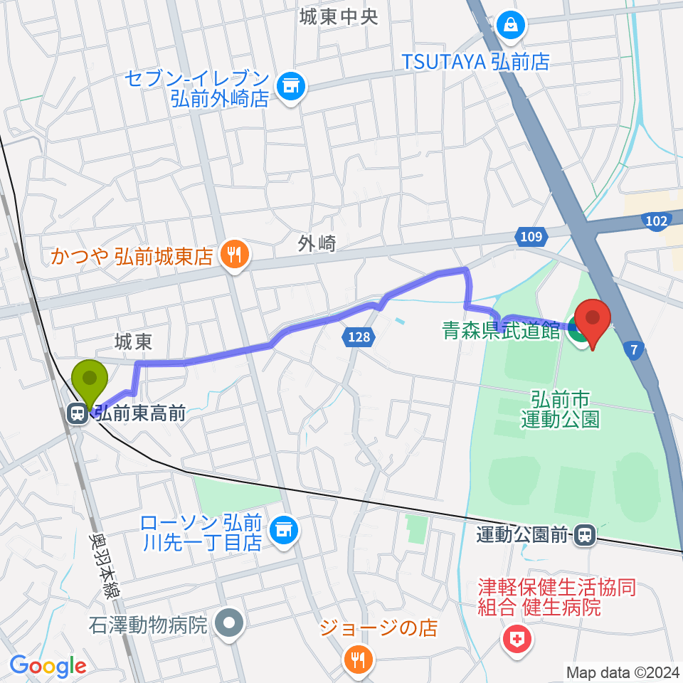 弘前東高前駅から青森県武道館へのルートマップ地図