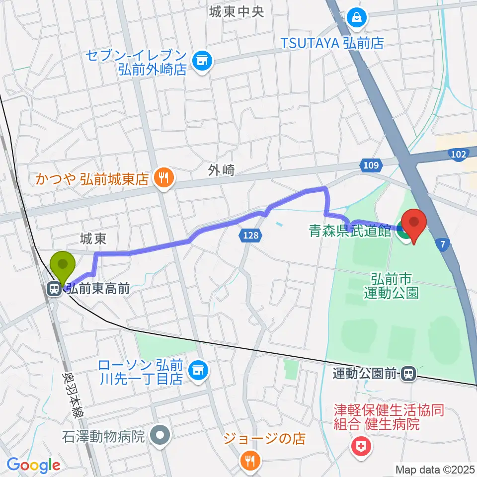 弘前東高前駅から青森県武道館へのルートマップ地図