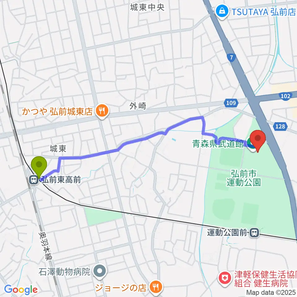 弘前東高前駅から青森県武道館へのルートマップ地図
