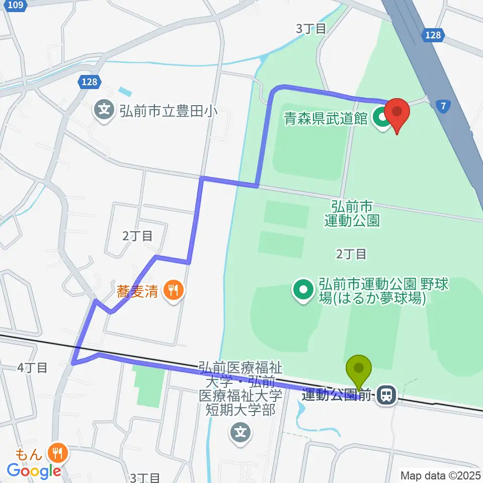 青森県武道館の最寄駅運動公園前駅からの徒歩ルート（約8分）地図