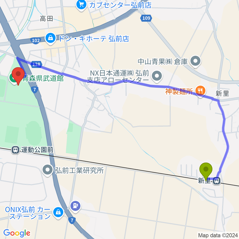 新里駅から青森県武道館へのルートマップ地図