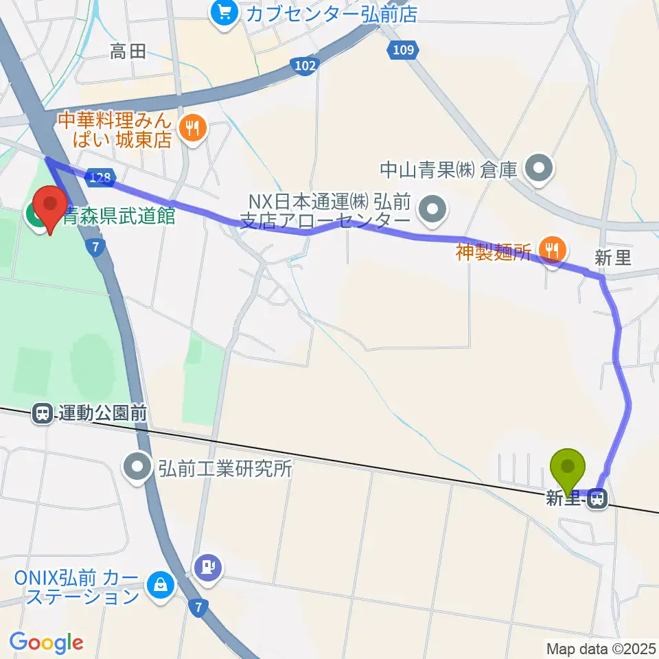 新里駅から青森県武道館へのルートマップ地図