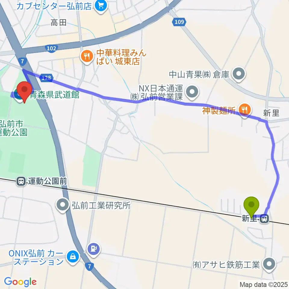 新里駅から青森県武道館へのルートマップ地図