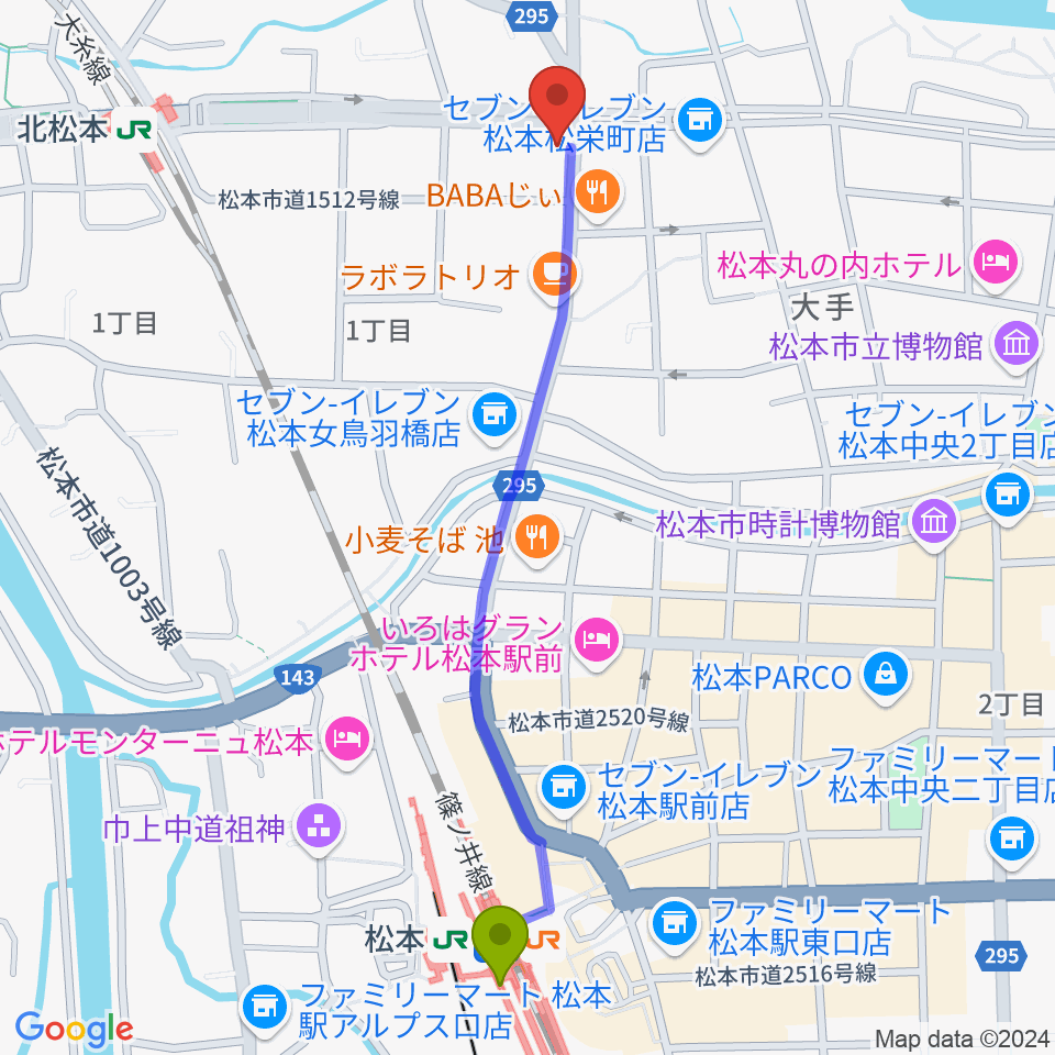 松本駅から日本ヴァイオリン松本店へのルートマップ地図